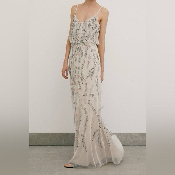ADRIANNA PAPELL Ivory Pink Silver Embellished Beaded Floral Mesh Blouson Gown 6