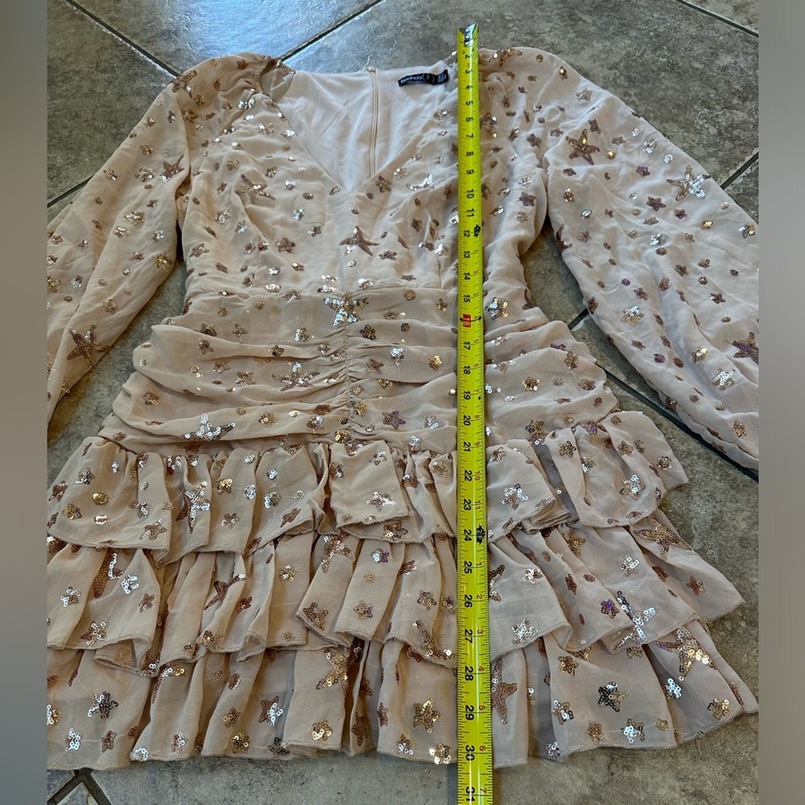 Boohoo Petite Glitter Star Sequin Ruffled Mini Dress Woman’s Size 8