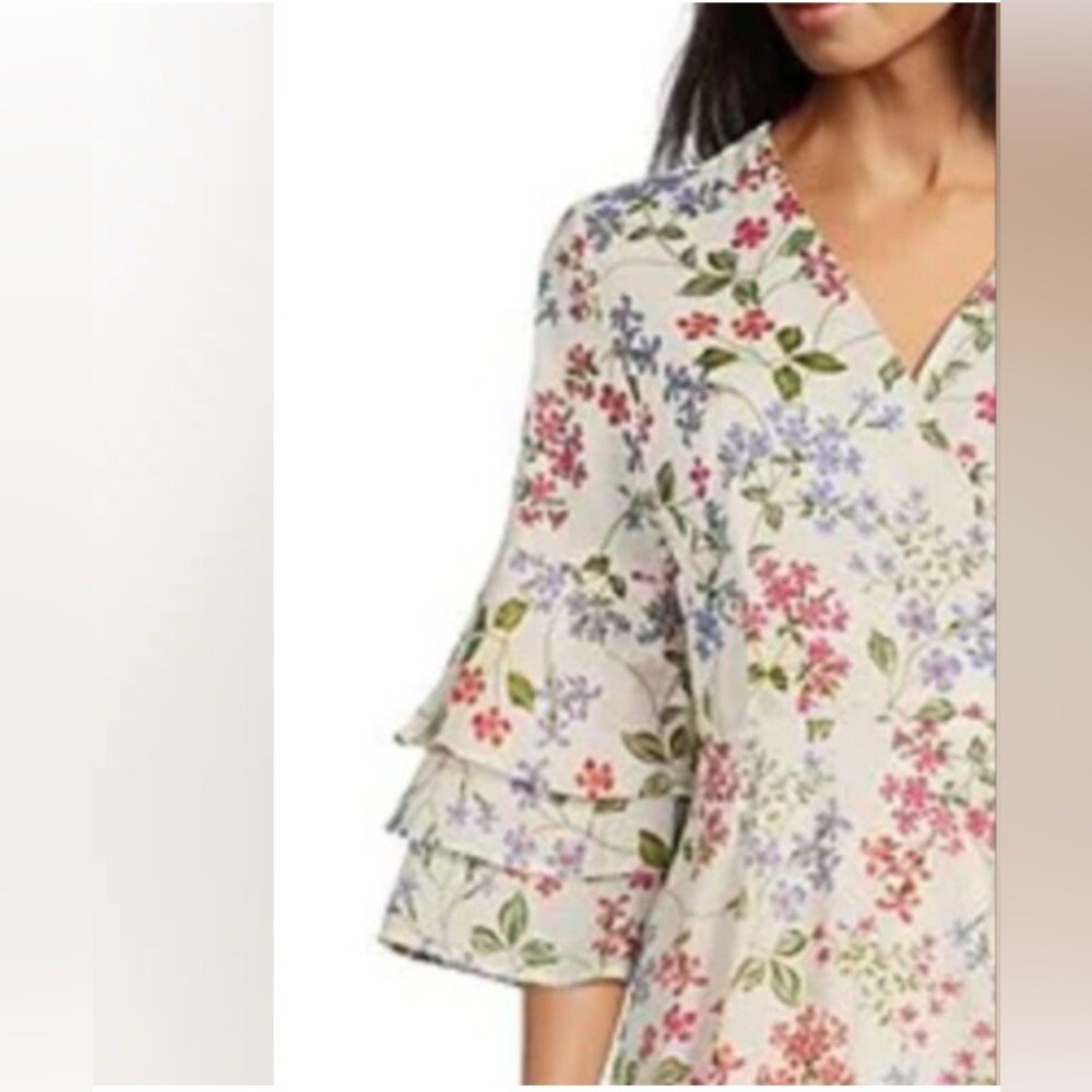 Calvin Klein Floral V-Neck Bell Sleeve Midi Dress Size 14 Flowy Chic Cottagecore