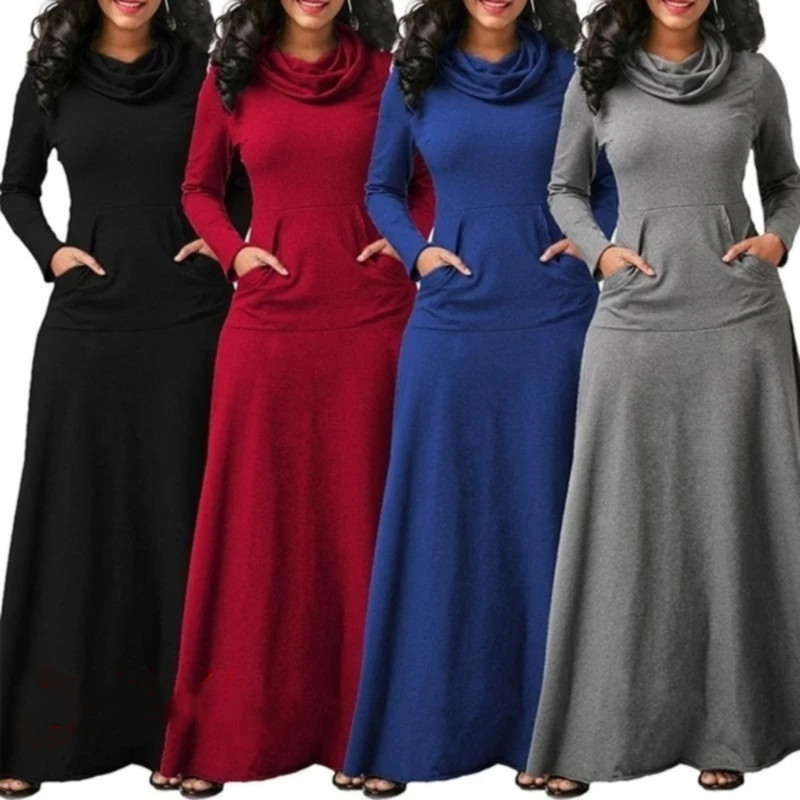 Plus Size 5XL Elegant Long Maxi Dress spring Winter Warm High Collar Women