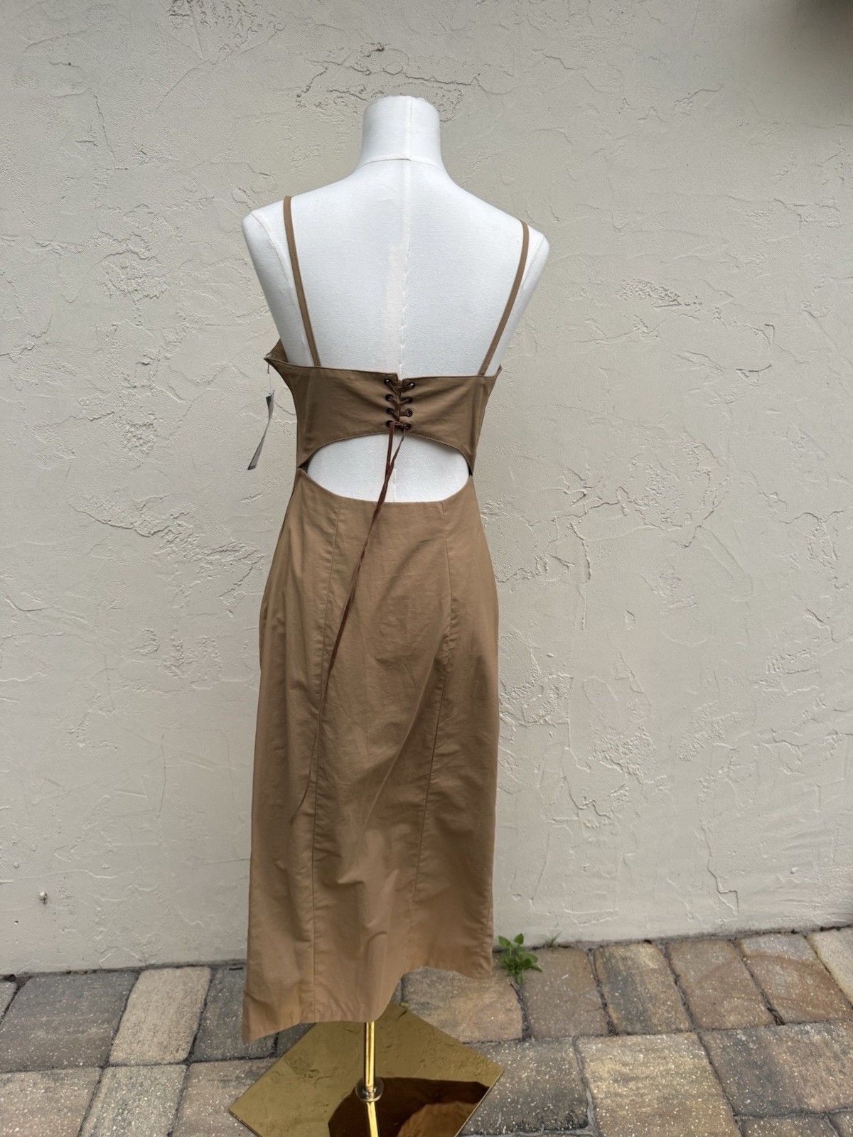 Pourquoi Pas Paris Camel Midi Dress Open Back Lace Up NWT Size T3 Minimal Chic