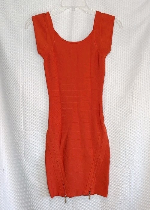 Guess Women’s Bodycon Pencil Dress XS Orange Ribbed Zipper Sexy EUC