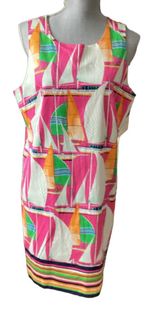 LONDON TIMES Dress Size 16 Sailboat Boats Pink Green Summer 97% Cotton 3%Spandex