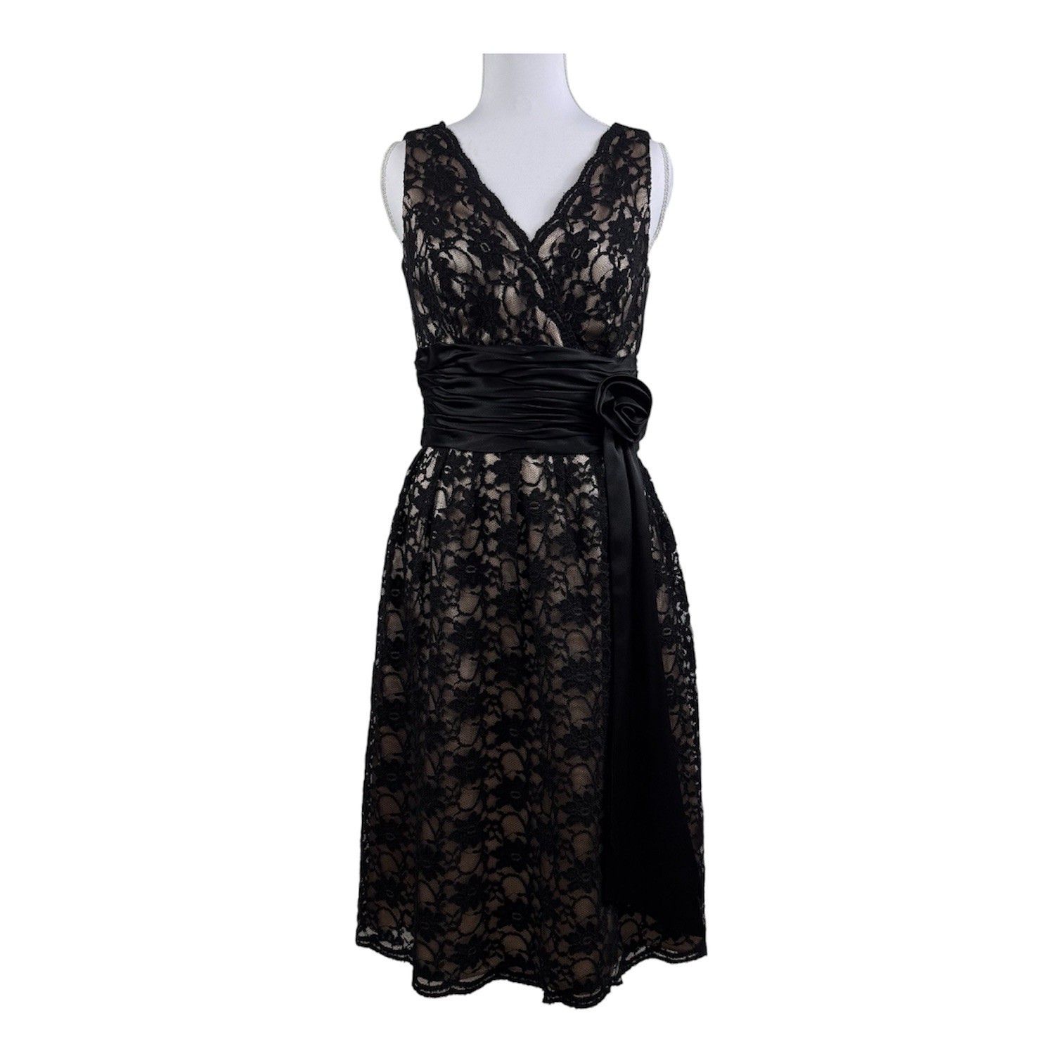 JS Boutique Black Lace Fit & Flare Cocktail Dress Size 4 Satin Rosette Waist