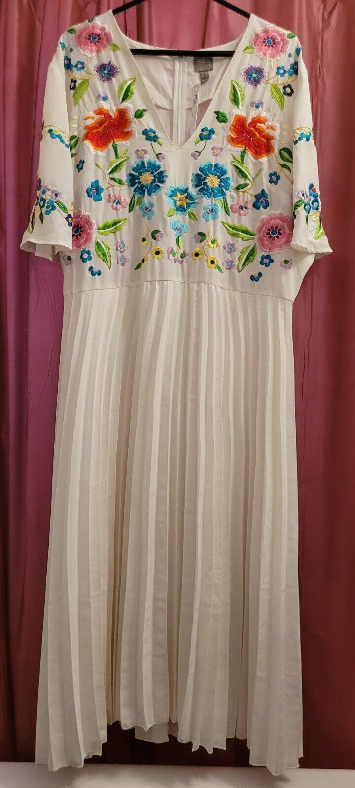 ASOS White Floral Embroidery Long A-Line V-Neck Flutter Sleeve Dress US 16/UK 20