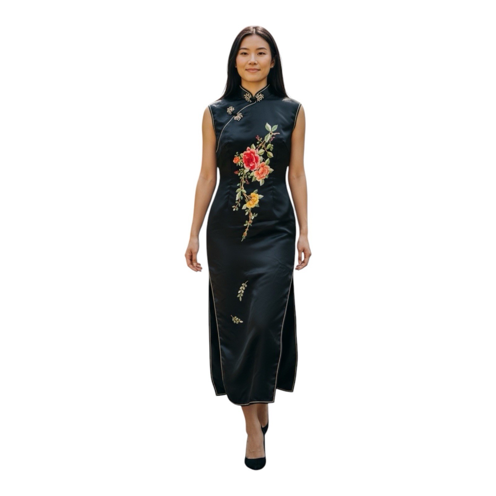 Oriental 100% Pure Silk Qipao Dress Size 32 (Small) Black Embroidered Cheongsam