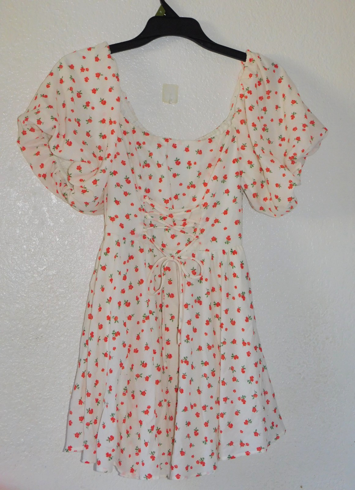 Women’s Medium Mini Dress Off Shoulder Cream w/ Red Flowers by Crystal Doll