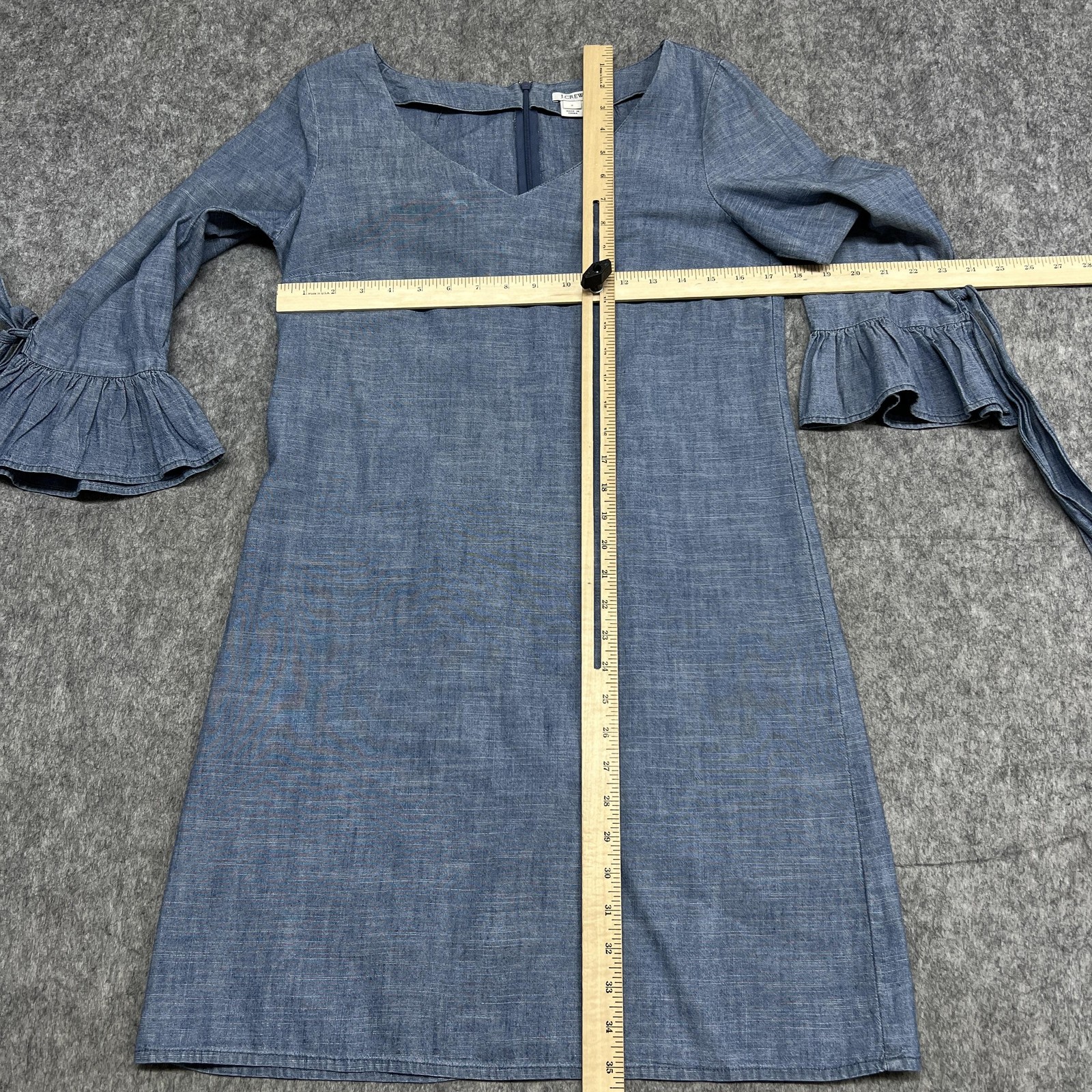 J Crew Dress Womens 2 Blue Chambray Tie-Cuff Bell Sleeve Shift V Neck H5485