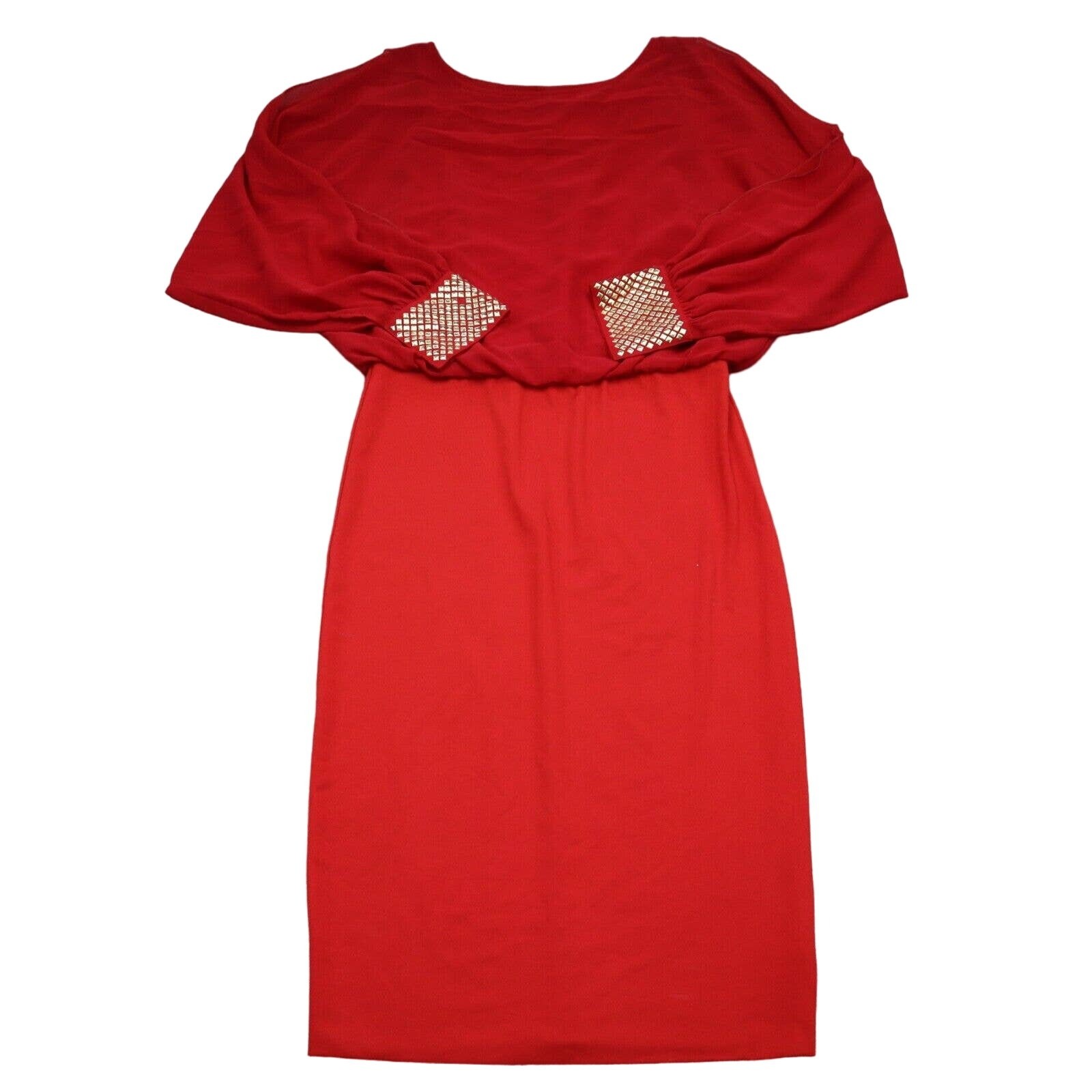 Miss Avenue Dress Womens S Red Blouson Knee Length Slit Long Sleeve Boat Neck
