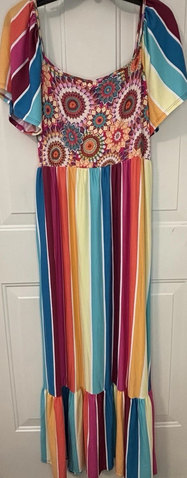 Haptics Holly Harper Maxi Dress L Rainbow Stripe Boho Floral Flutter Sleeve