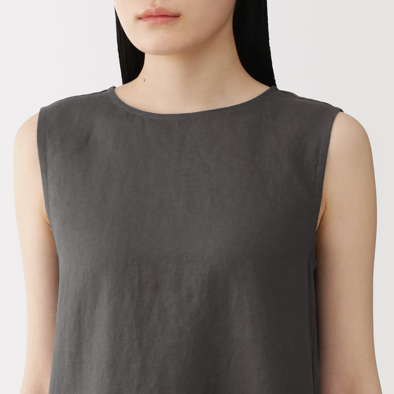 MUJI Womens 100% Linen Washed Sleeveless Dress Black FedEx