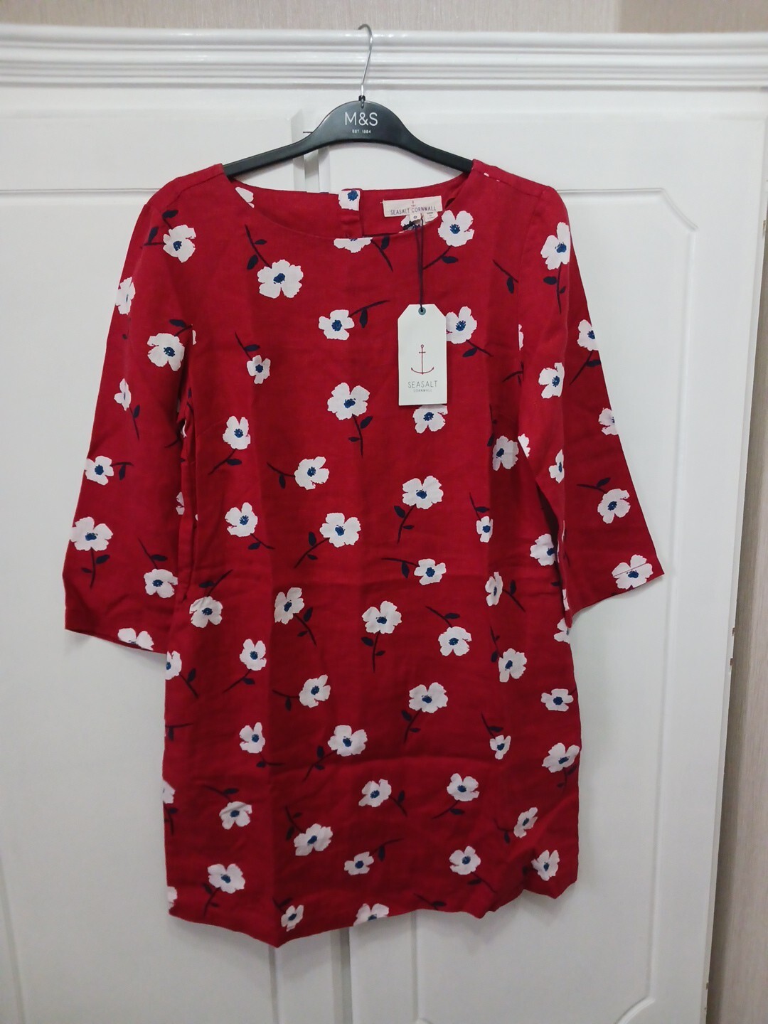 Ladies Dress Seasalt Cornwall M&S Size 8 Red Floral Linen Sol Blaze Tunic Rrp£70