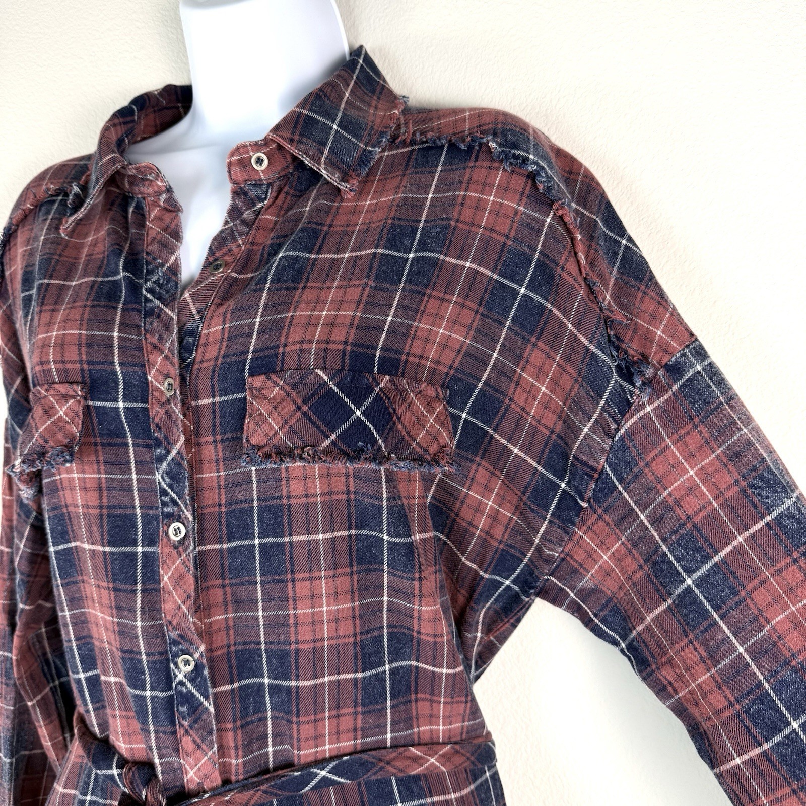 Plaid Button Up Shirt Dress Womens Large Distressed Country Western Heritage