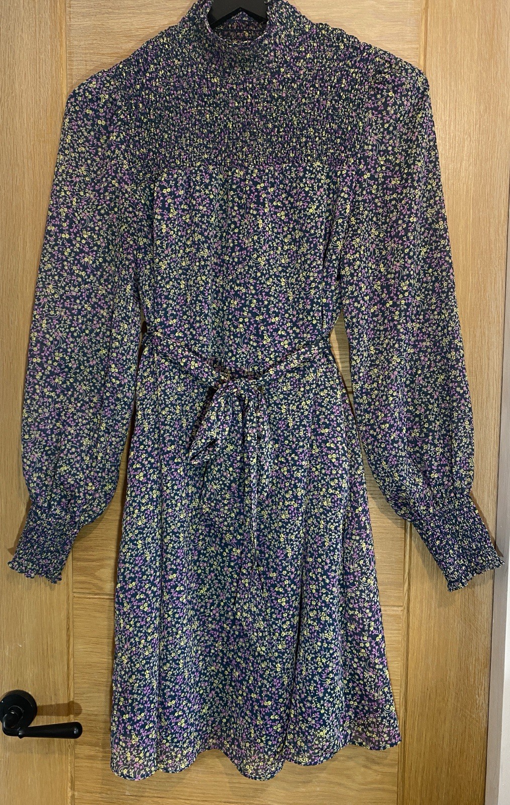 Boden Purple And Green Floral With Slight Sparkle Shirred Dress Size 10R
