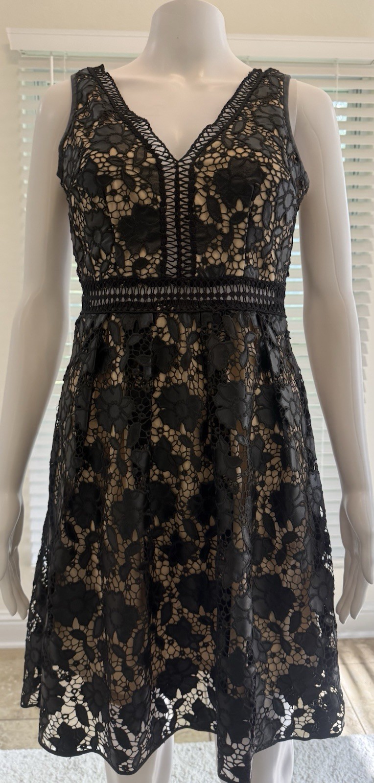 Romeo & Juliet Couture Black and Nude Floral Eyelet Lace Illusion Dress SizeS