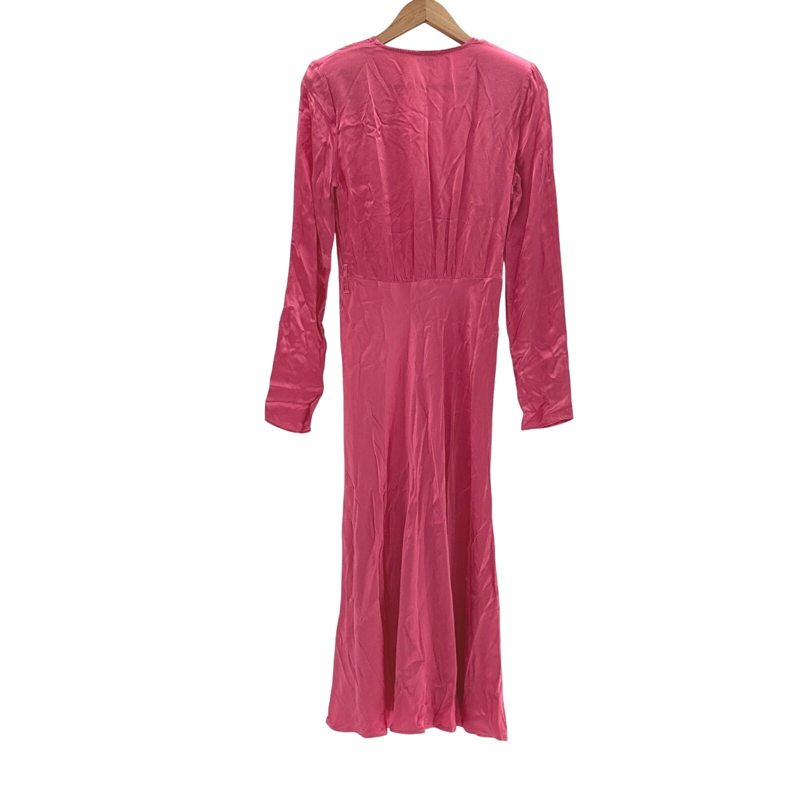 Ghost London Meryl Midi Dress Button Fairycore V Neck Satin XS Pink Long Sleeve