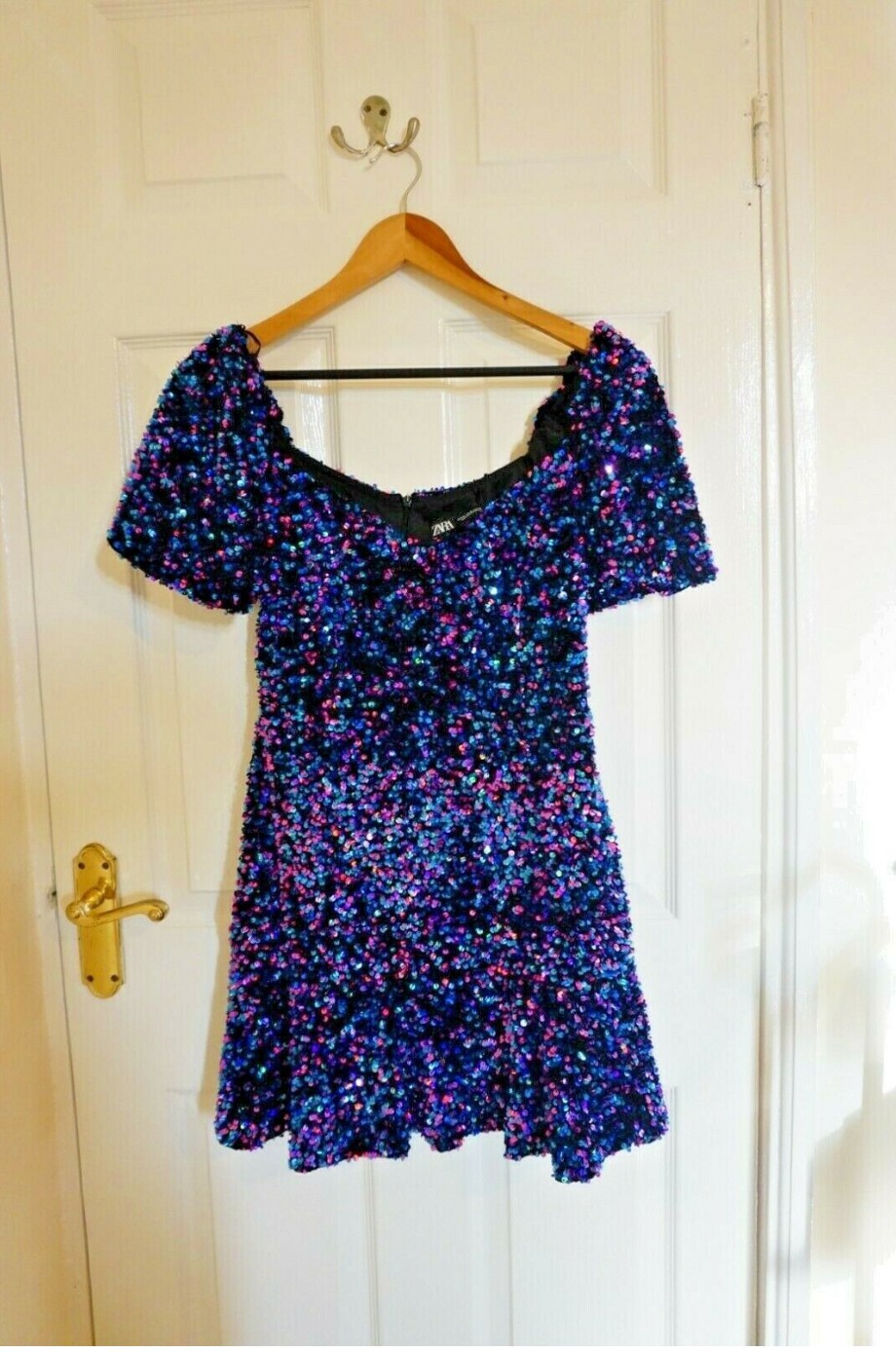 Zara Sequin Mini Dress V neck Elastic Cuffs A-line Skirt Black Blue M BNWT