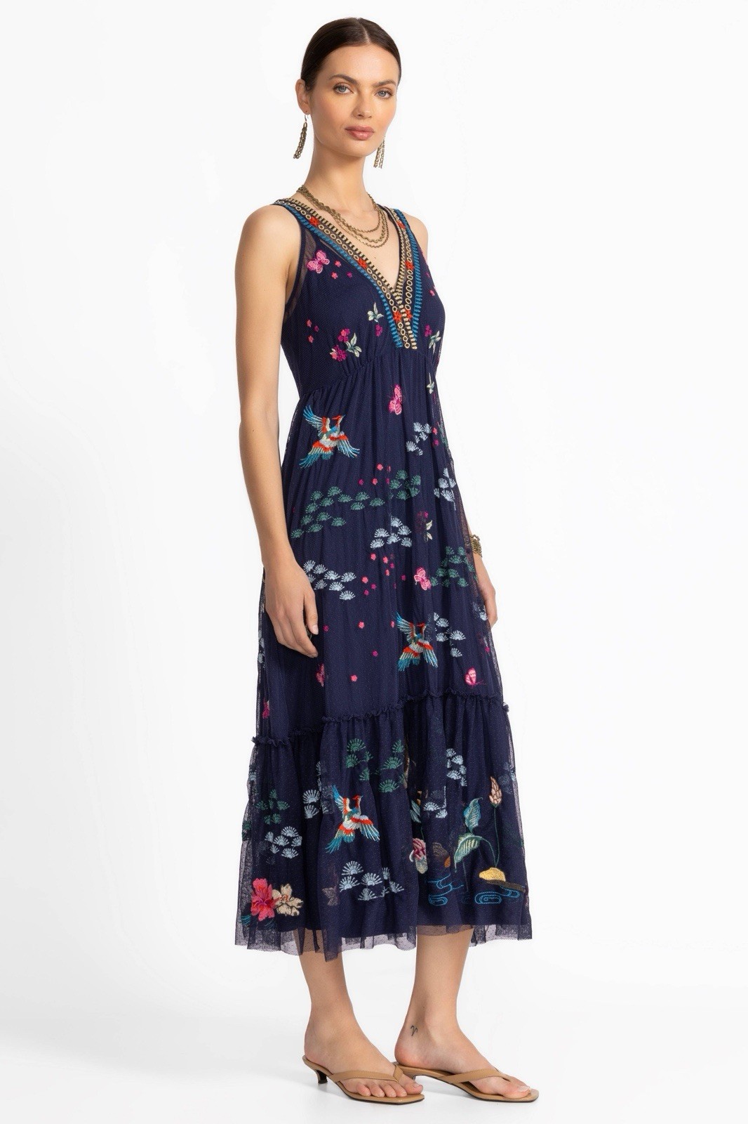 NWT $425 Johnny Was blue nights Zinoviah Mesh Dress & Slip embroidered floral S