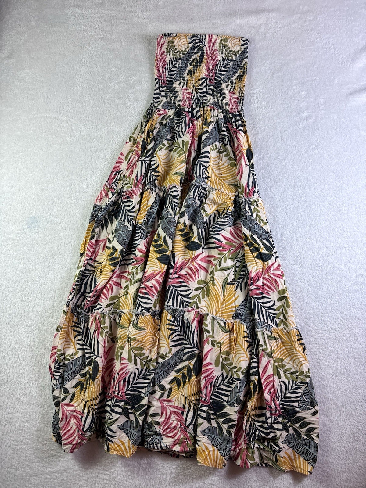 Women’s S Strapless Tropical Palm Leaf Print Maxi Dress Black Beige Boho Resort