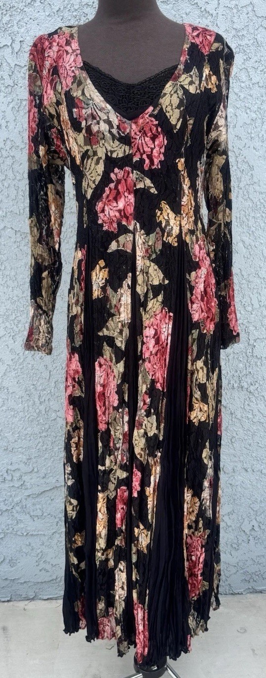 Nostalgia Vtg 90s Floral Maxi Dress Sz M Cottagecore Fairy Boho Romantic Lace