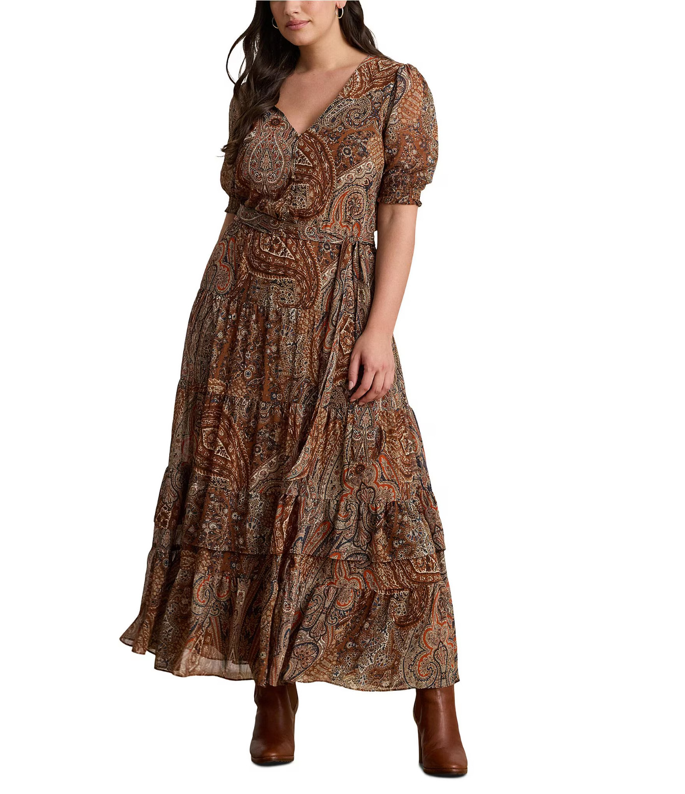New RALPH LAUREN 18W Plus PAISLEY Belted Crinkle Georgette Dress $225