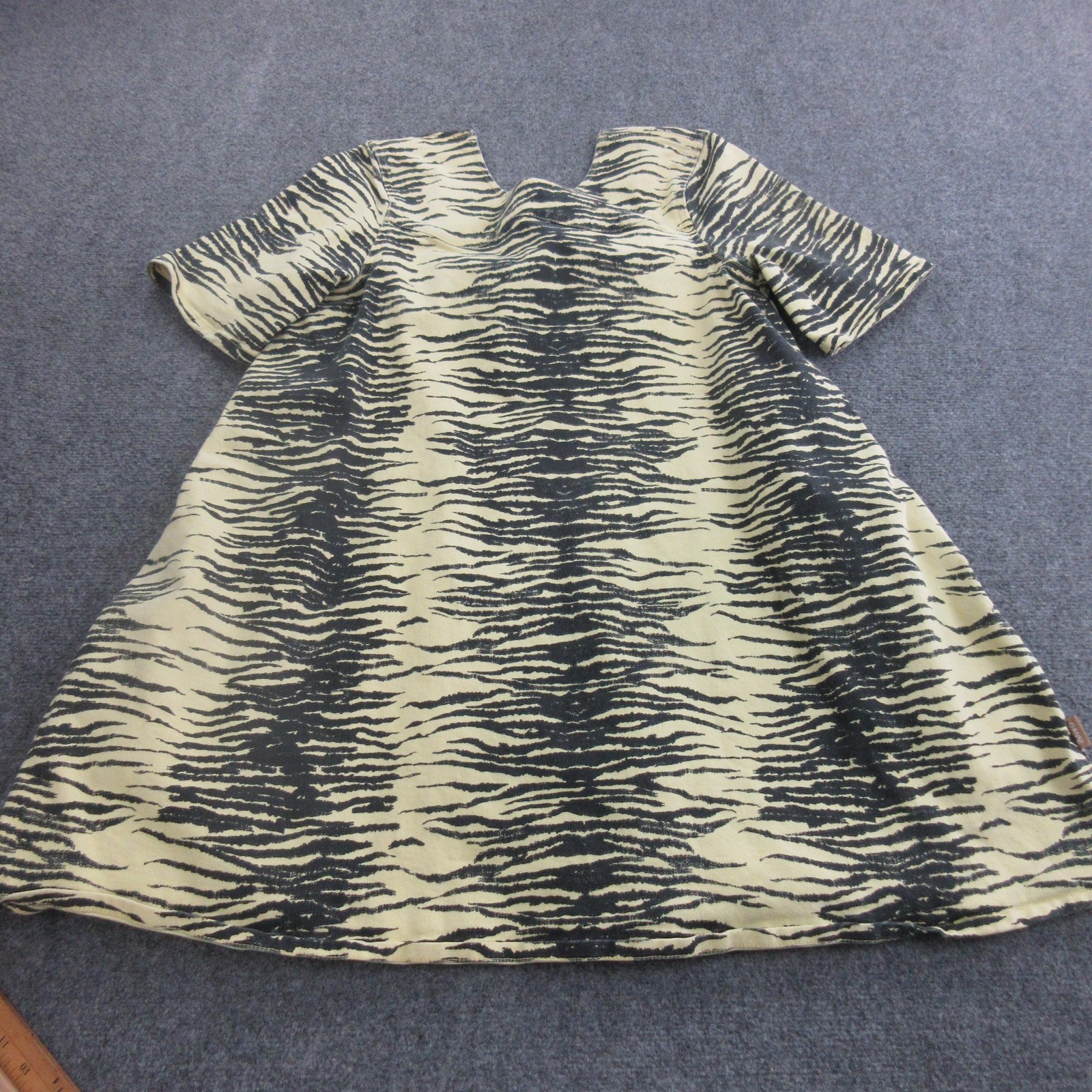 Ganni Dress Womens 38 Beige Animal Print Cotton Stretch Trapeze Short Sleeve