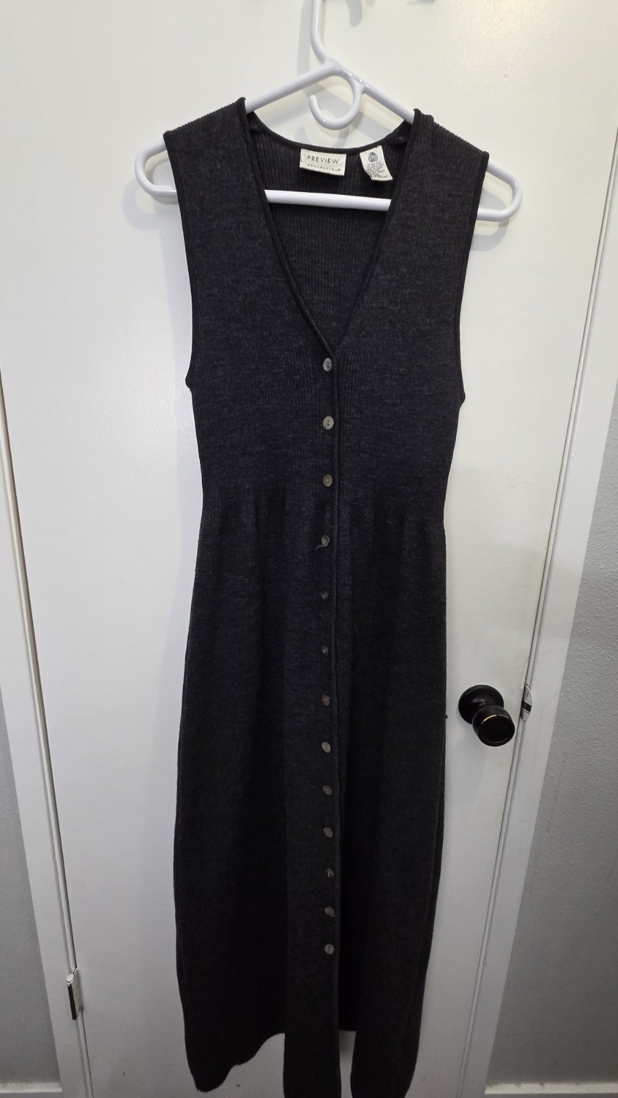 Preview Collection Dark Gray Merino Wool Sleeveless Maxi Dress M Button V-Neck