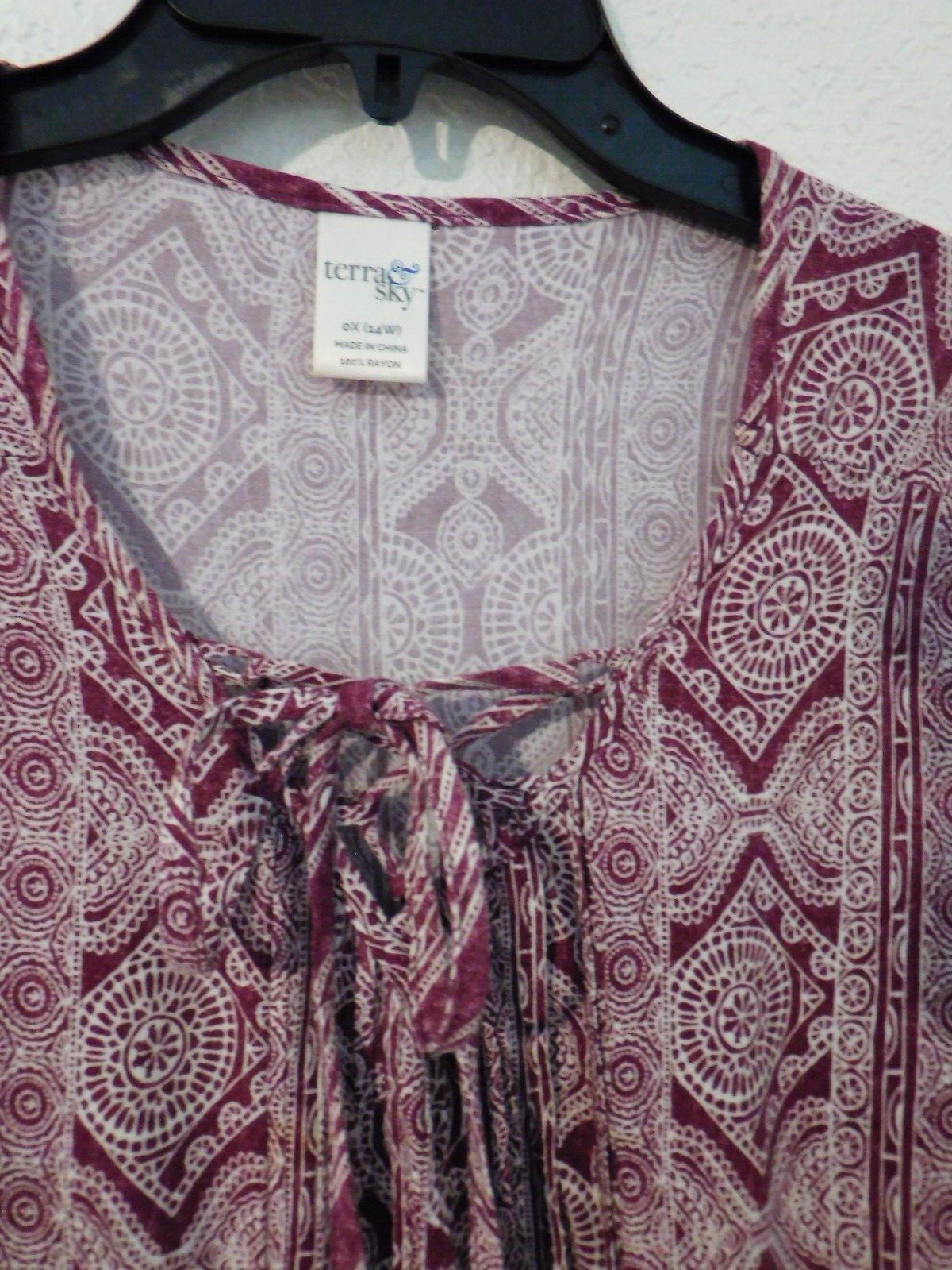 Terra and Sky Tunic Dress Elastic Sleeve Lace Up Pull Over Midi Boho Sz 0X 14W