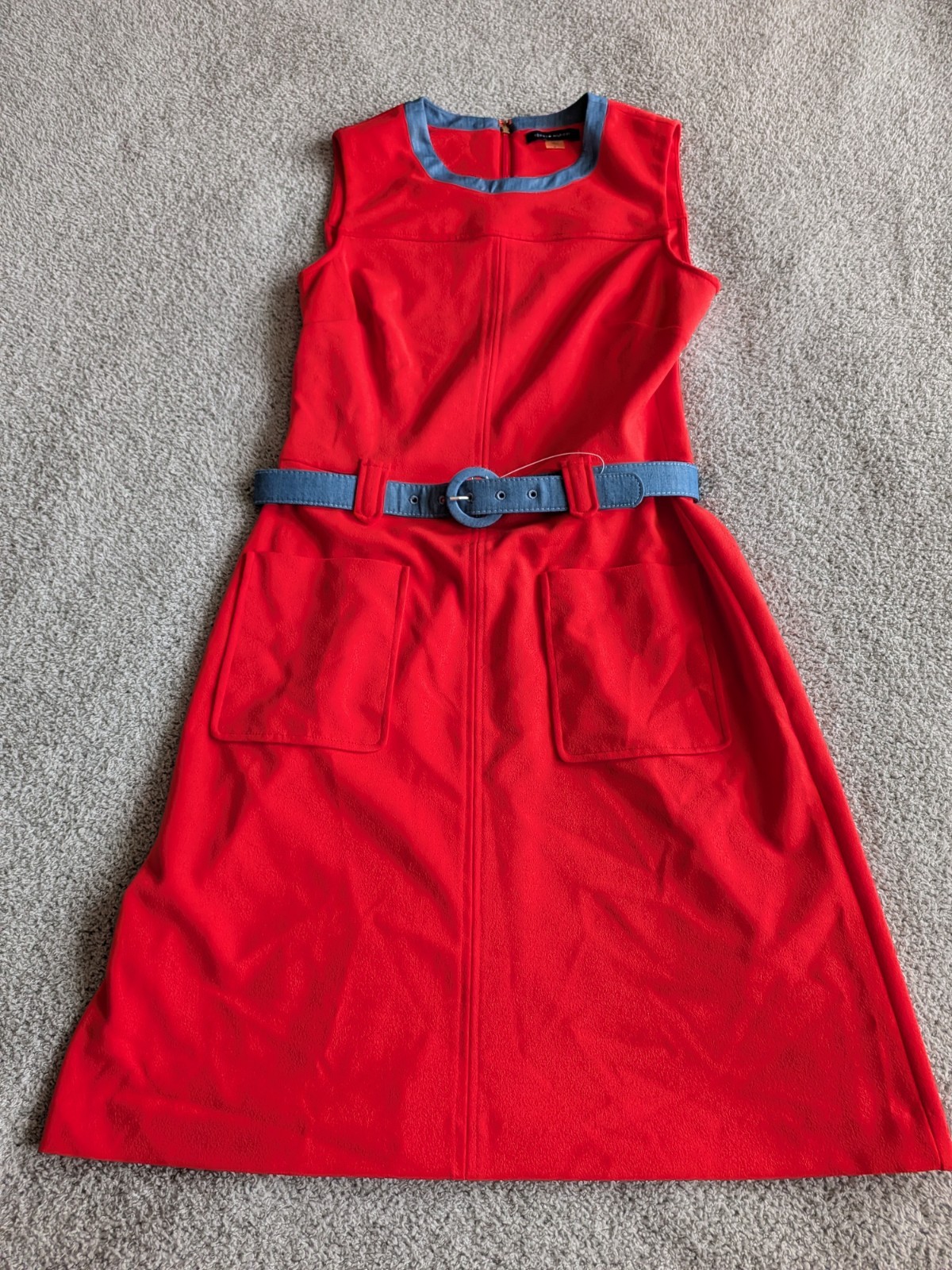 🌼B2G1🌼 Tommy Hilfiger Red Midi Dress with Blue Trim & Belt Size 4 NWOT