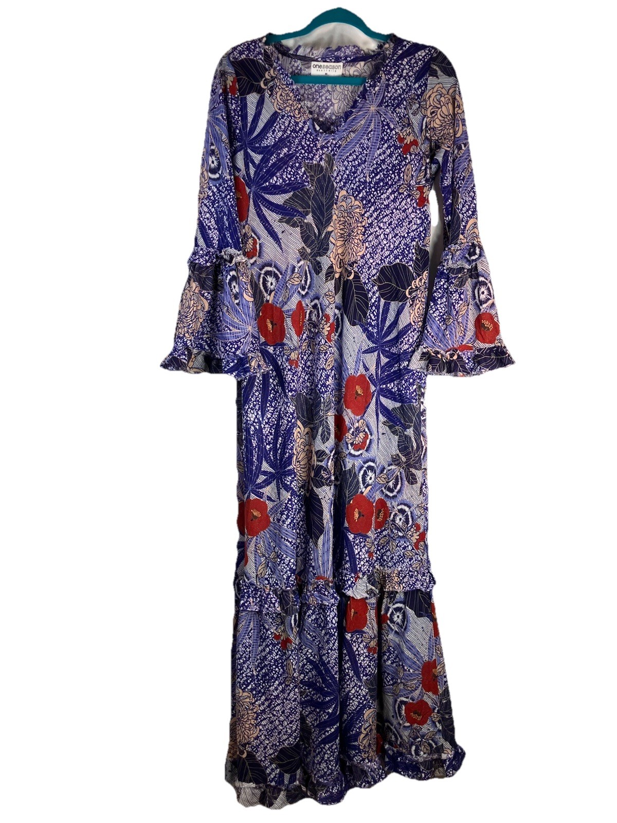 One Season Australia Blue Artsy Print Maxi Dress Medium Beach Resort Boho