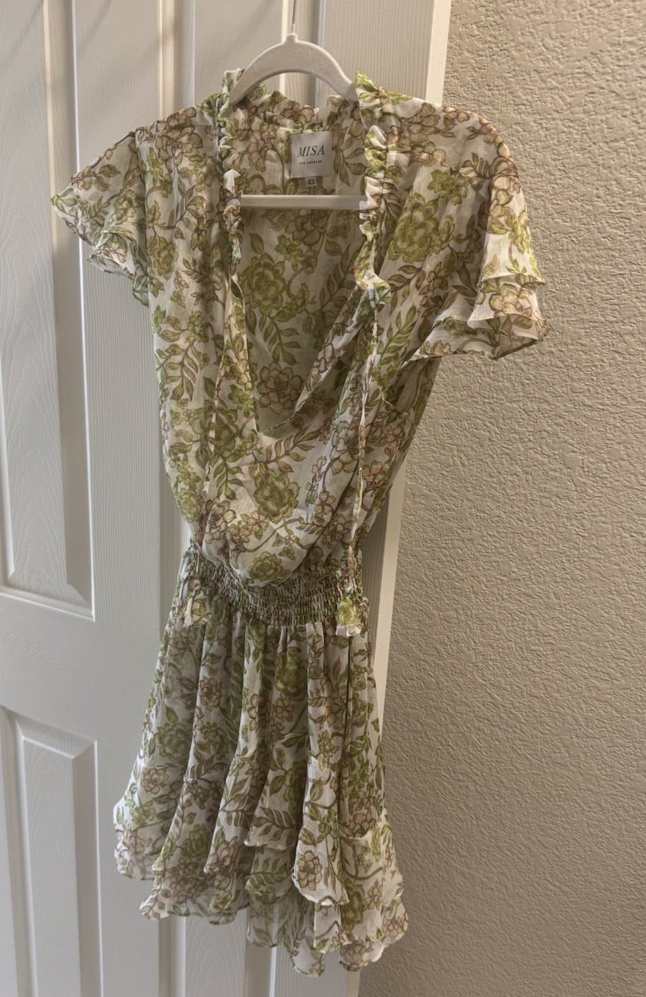 MISA Los Angeles Maia XS White Green Floral V-Neck Smocked Ruffle Mini Dress
