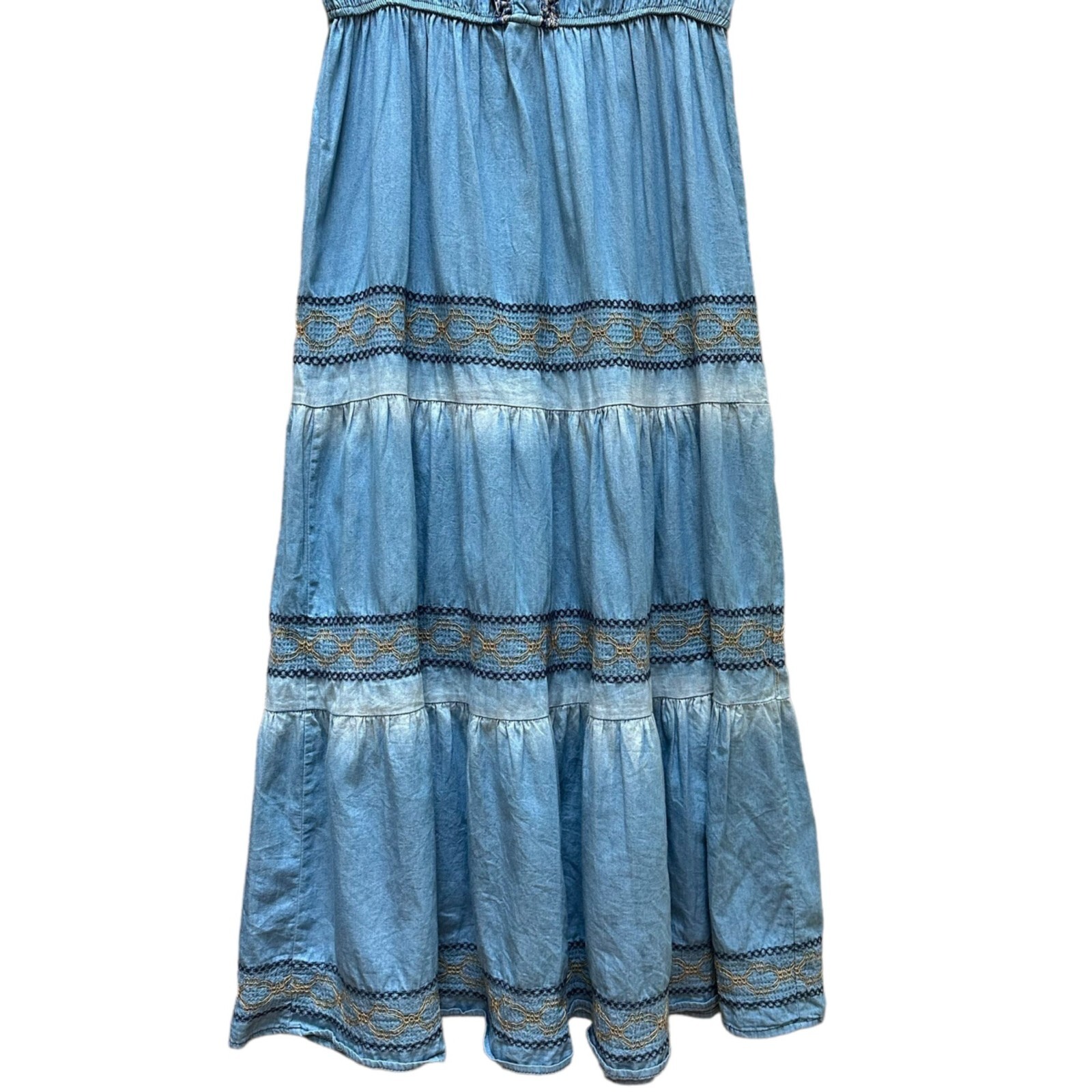 Red + Olive Bohemian Midi Dress Embroidered Details Ruffled Trim Cottage Size M