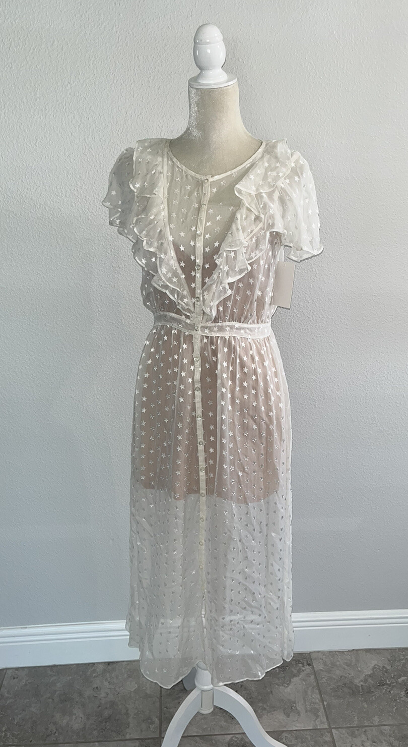 FOR LOVE AND LEMONS Firecracker Button Ruffle Midi Dress Cream Sheer Star S New