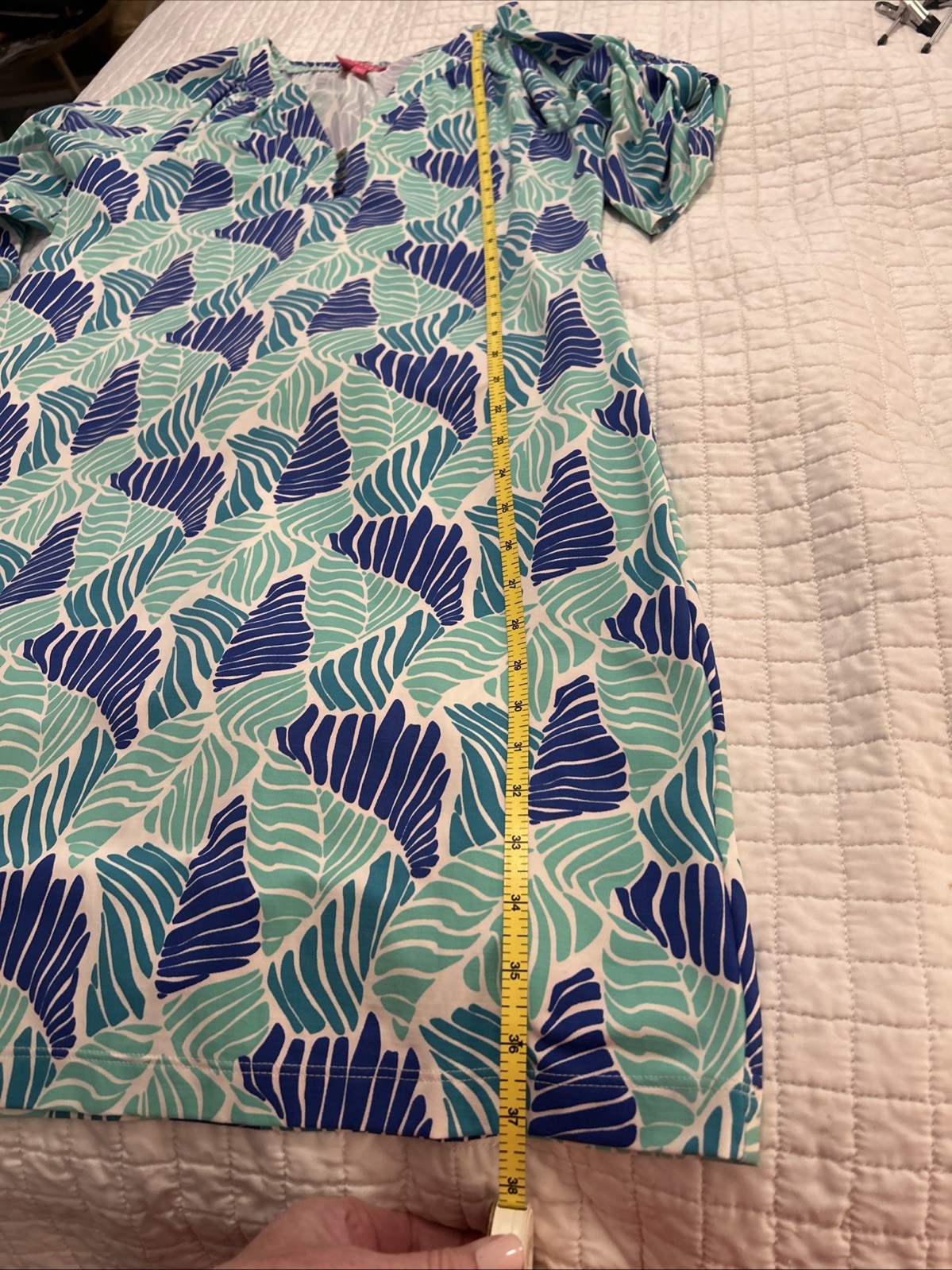 Resort Beach Shift Dress Britt Navy Aqua Leaf Dress Lightweight Medium Nylon