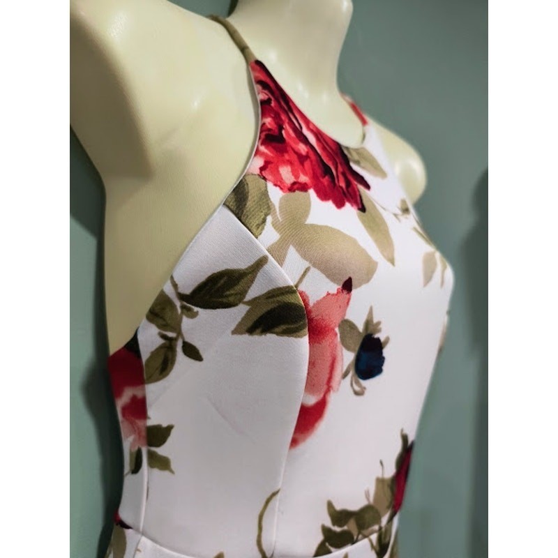 AQUA Rose Print Sundress with Crisscross Back Straps, Wht, Red, Blue, Sz S
