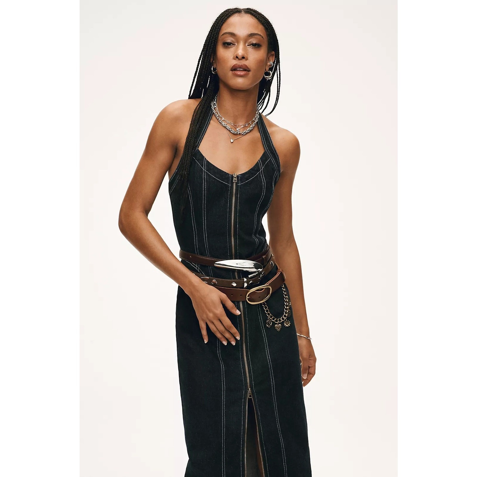 New Anthropologie Pilcro Front-Zip Halter Denim Midi Dress $178 MEDIUM Dark Blue