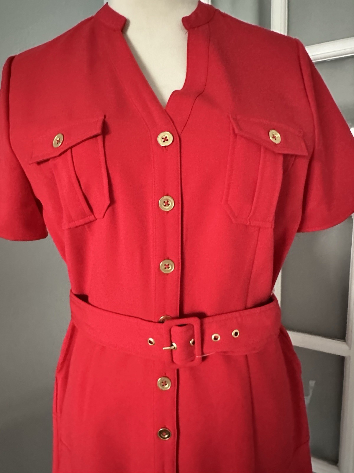 Sharagano Red Solid Shirt Dress Button Front Belted Pockets Short Sleeve 8