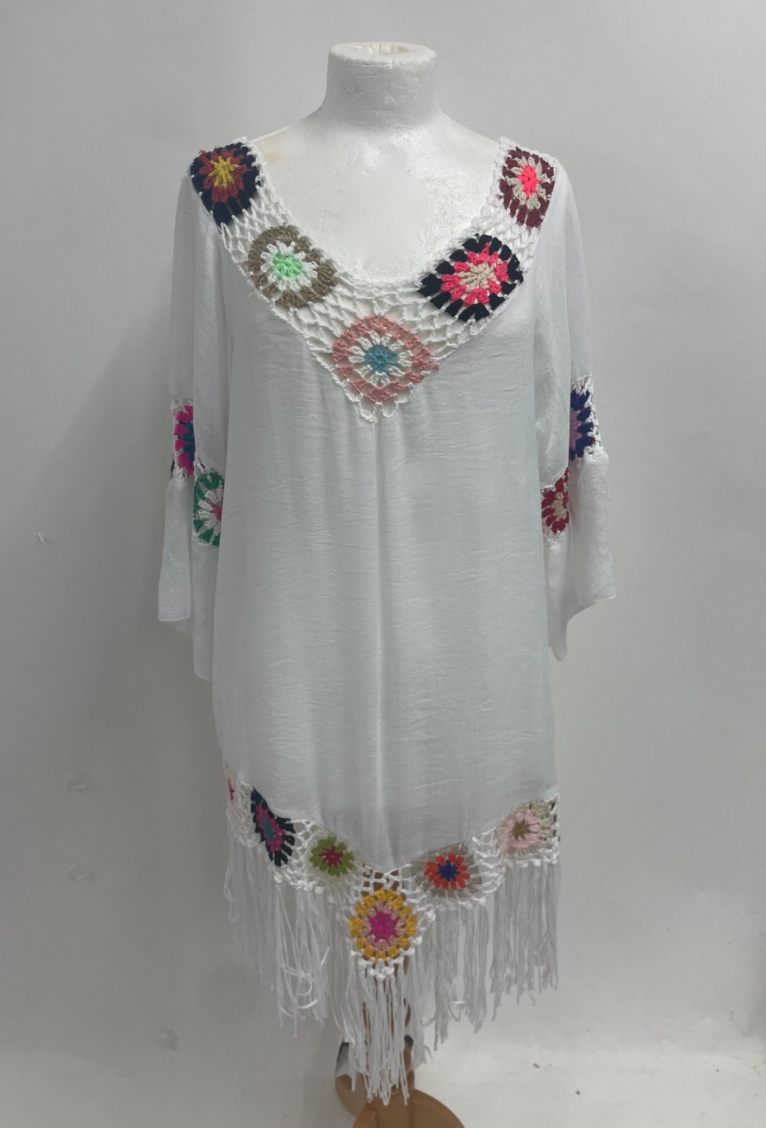 Bright Granny Squares Crochet Beach Summer Fringe Kimono Kaftan Tunic BNWOT