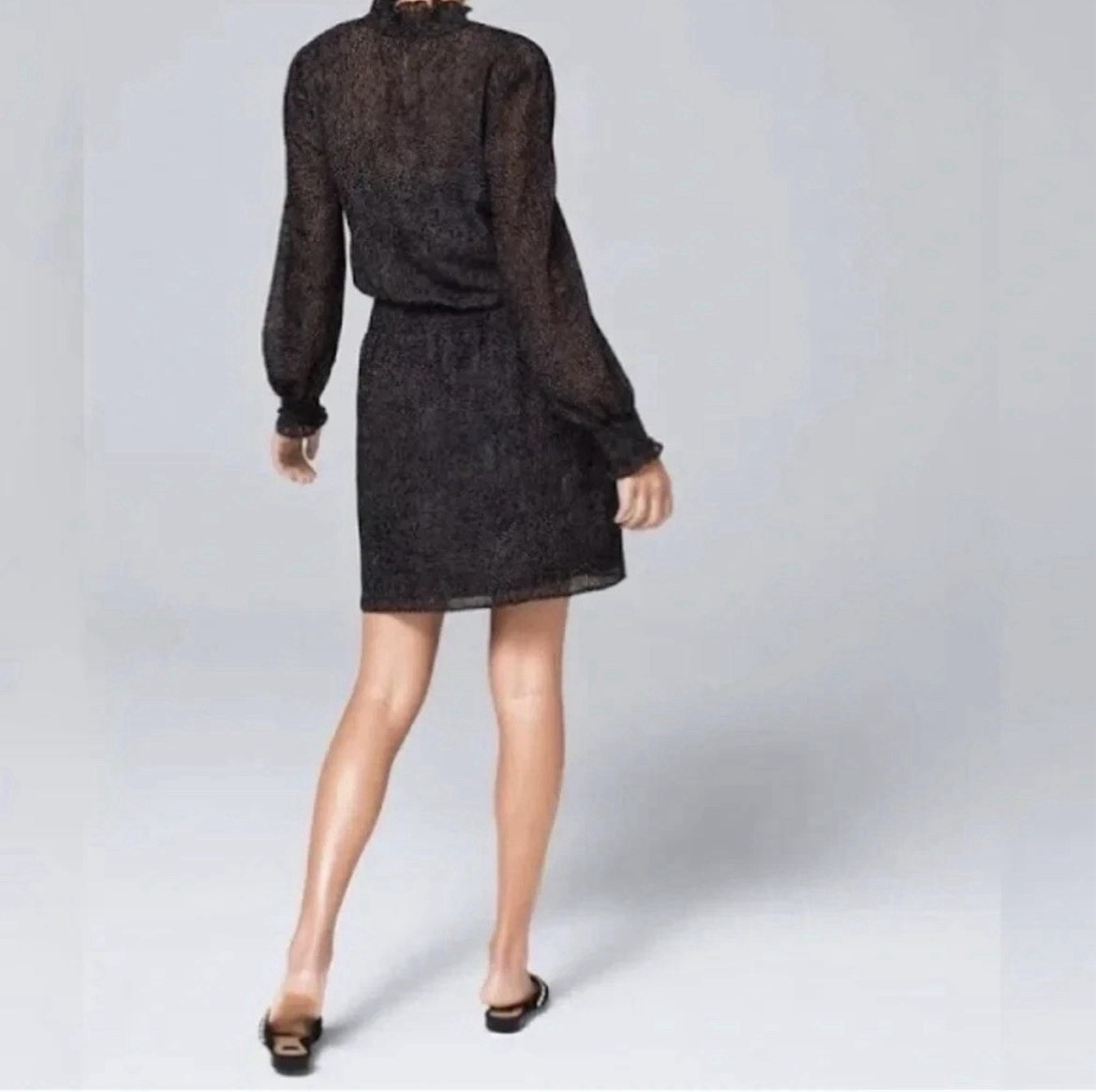White House Black Market Soft Blouson Flocked Dot Black Mini Dress