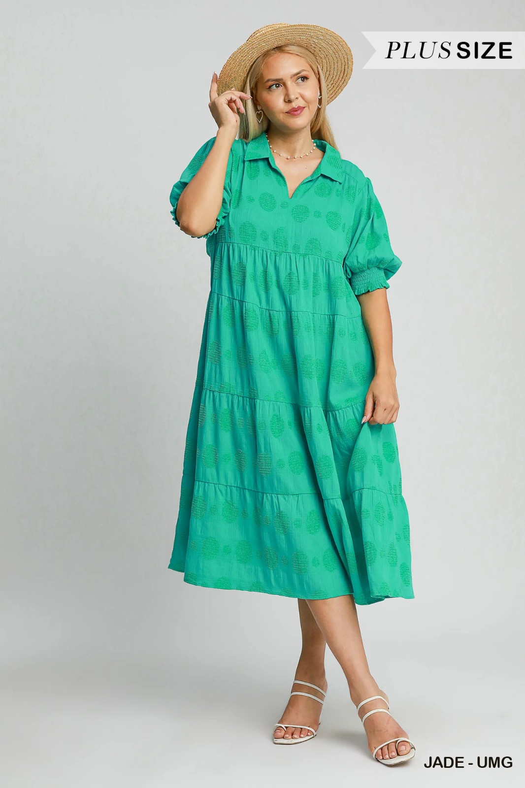 Plus Umgee Jade Polka Dot Print Maxi Dress w/ V Neck and 3/4 Sleeves