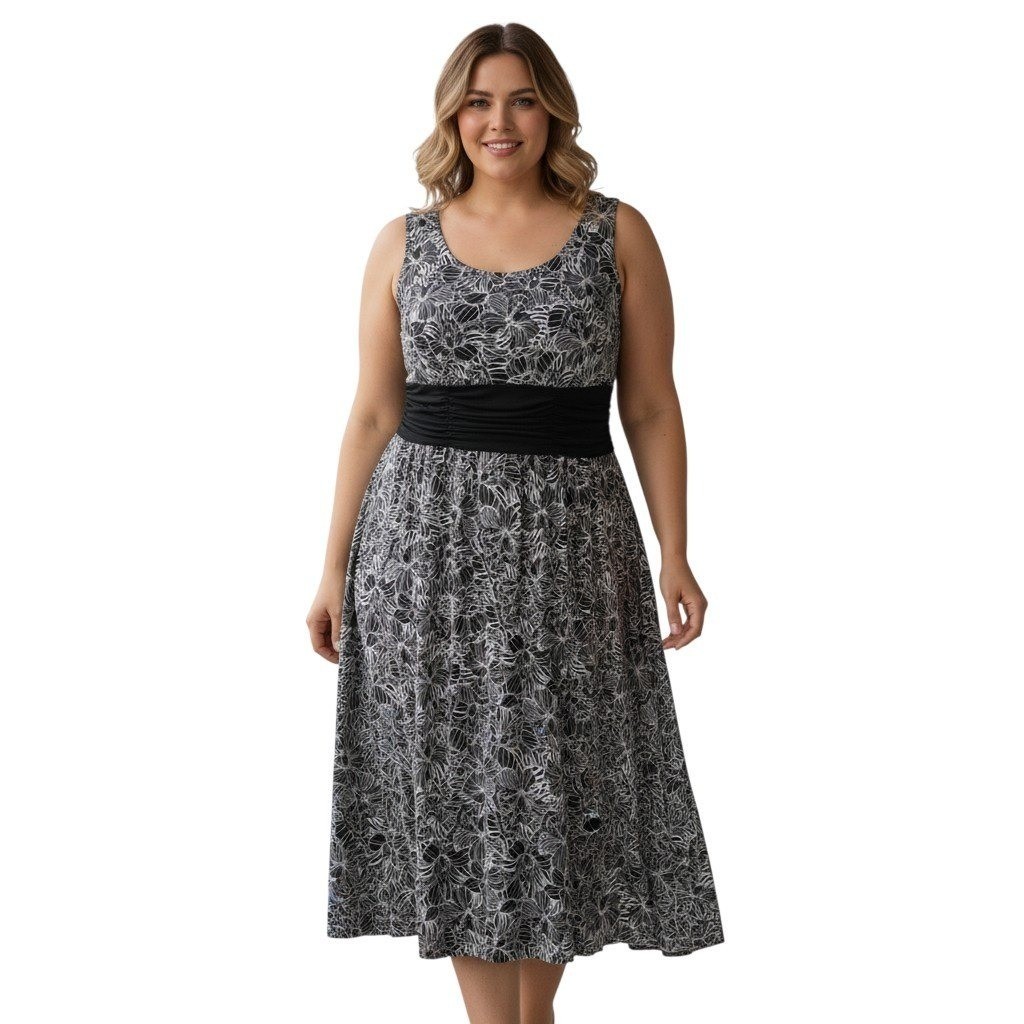 Perceptions Black White Floral Leaf Sleeveless Midi Dress Ruched Waist Sz 16W 1X