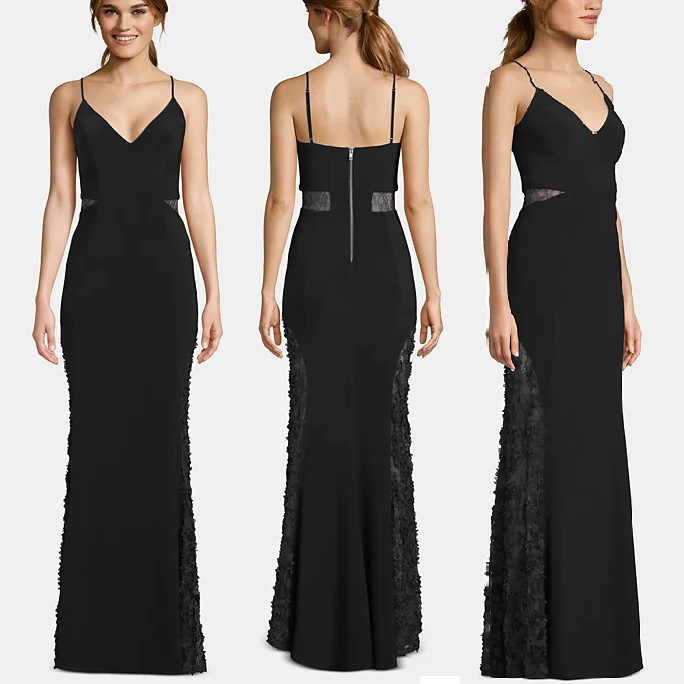 BETSY & ADAM Petite Adjustable Strap Sheer Lace Contrast V-Neck Trumpet Gown, 2P