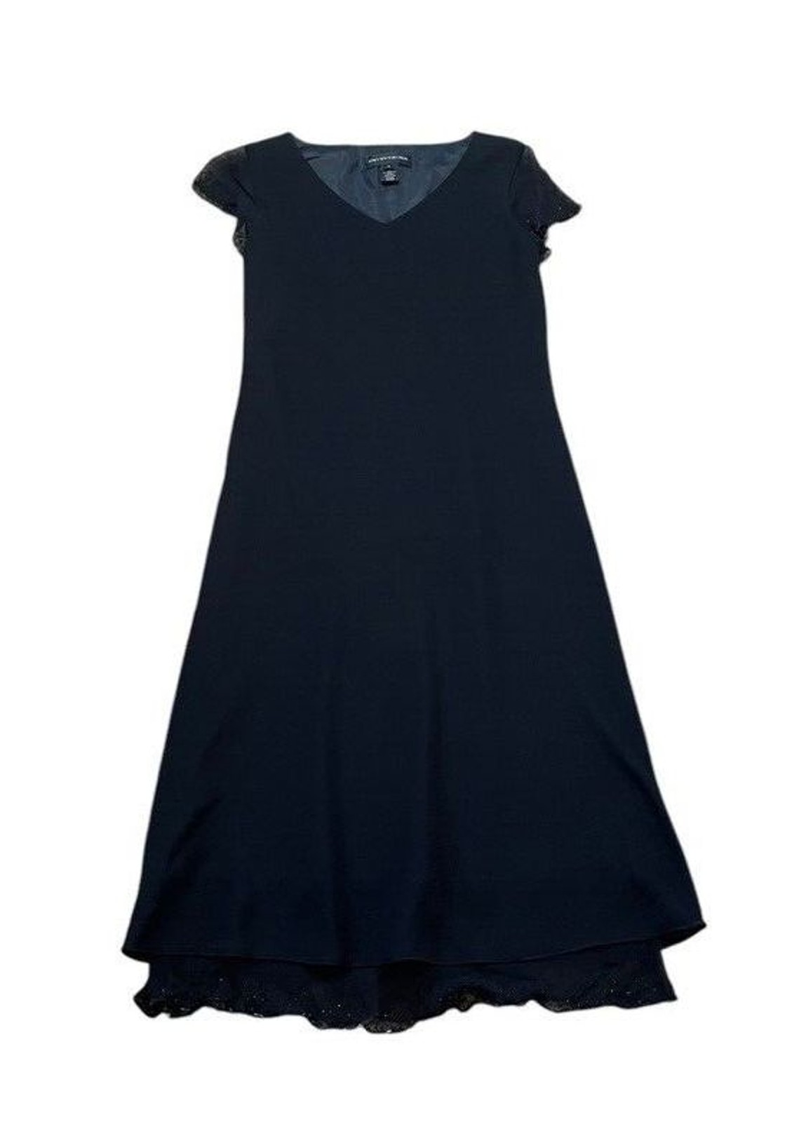 Jones New York Black Polyester Silk Dress Size 10 Beaded Hem/Sleeves Sleeveless