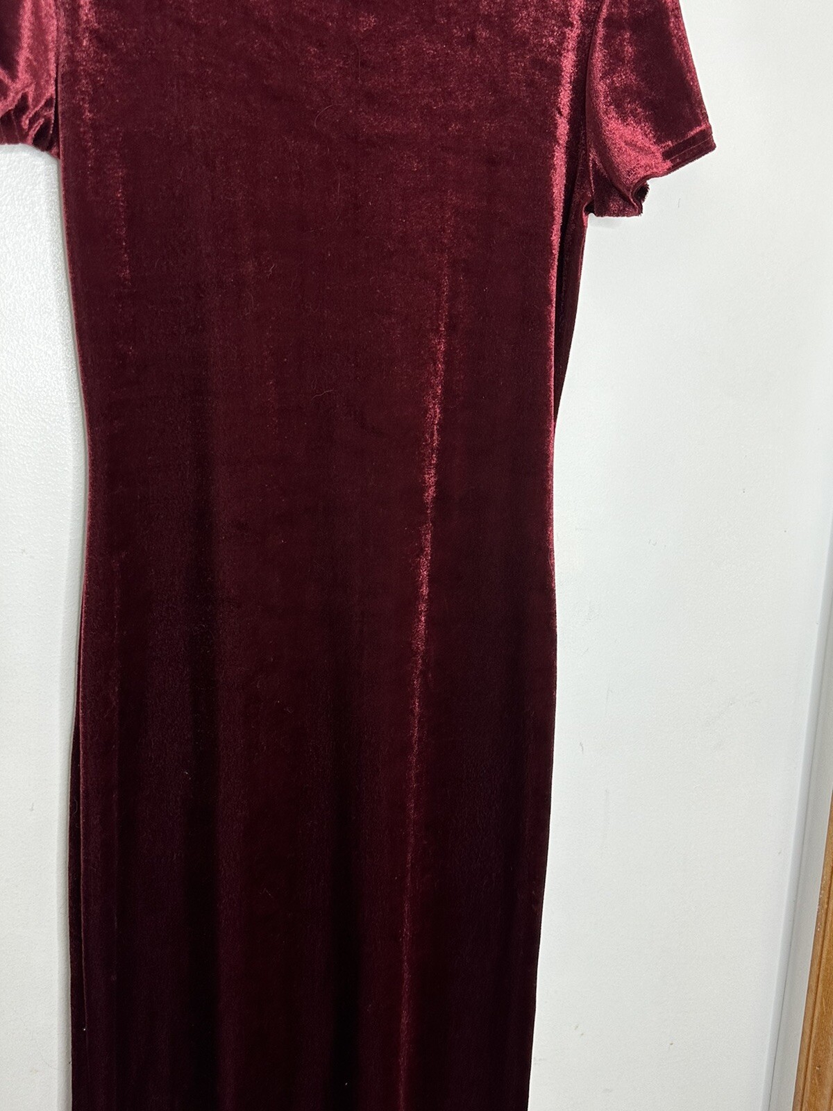 Sun Fire USA Deep Red Velvet Plush Short Sleeve Maxi Dress Sz Small