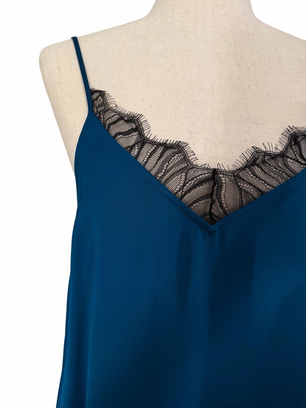 The Kooples NWT Teal Slip Dress with Black Lace Trim