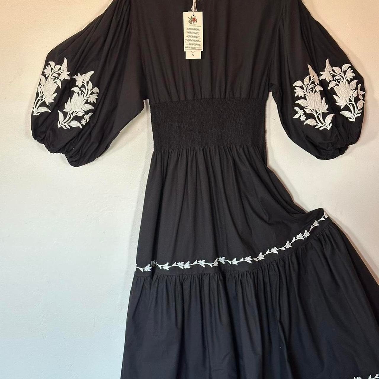 NWT FANM MON black cotton dress with white floral embroidered accents, pocket