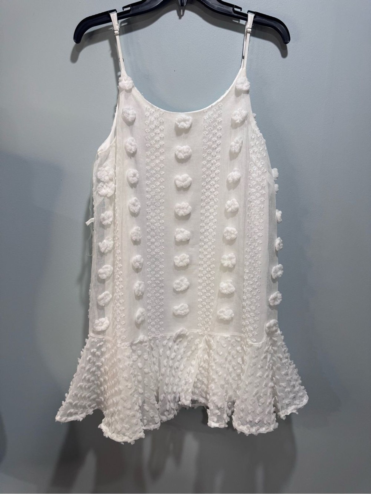 White Pom Pom Textured Ruffle Hem Tank Mini Dress