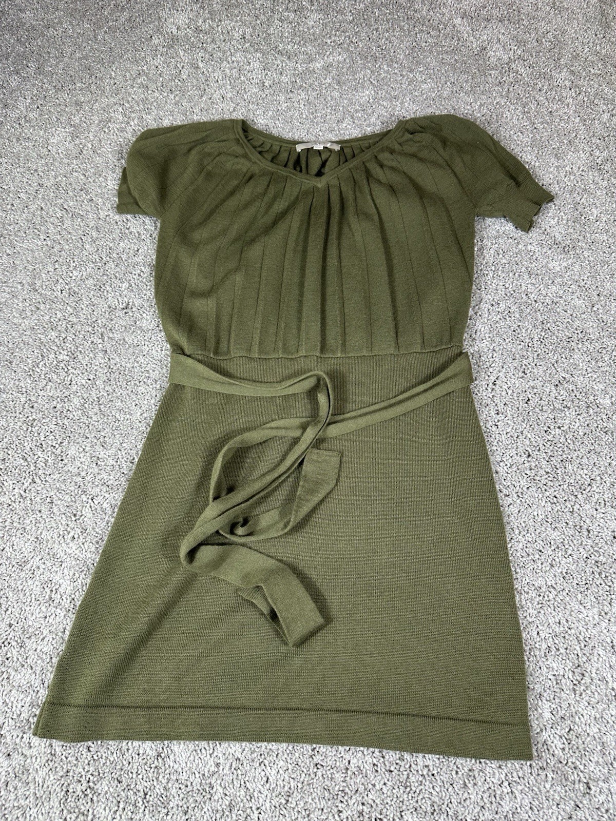 Loft Sweater Mini Dress Size XS Wool Blend Pleated Short Sleeve Belted Blouson