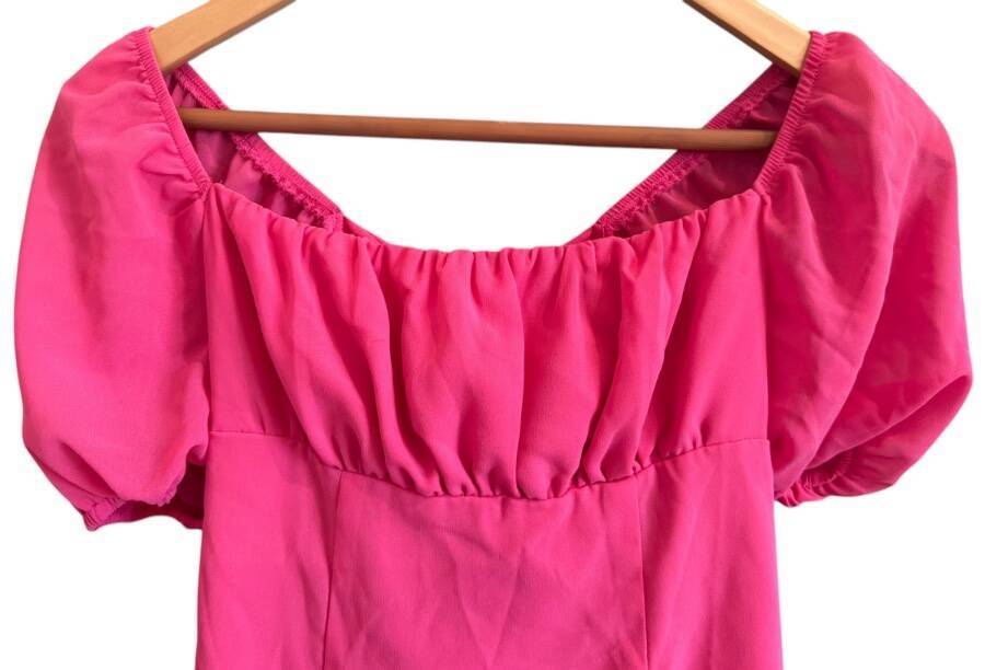 SheIn Hot Pink Chiffon Puffy Sleeve Dress Women’s Size S Great Pre-Owned Cond