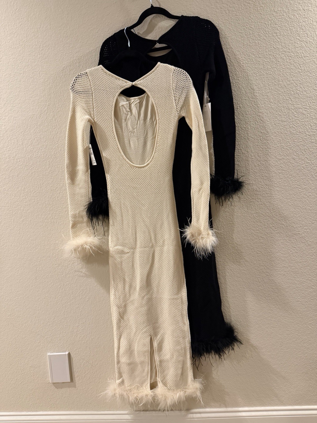 NWT Torn by Ronny Kobo Black Bodycon Long Dress Knit Open Back Feather Trim S